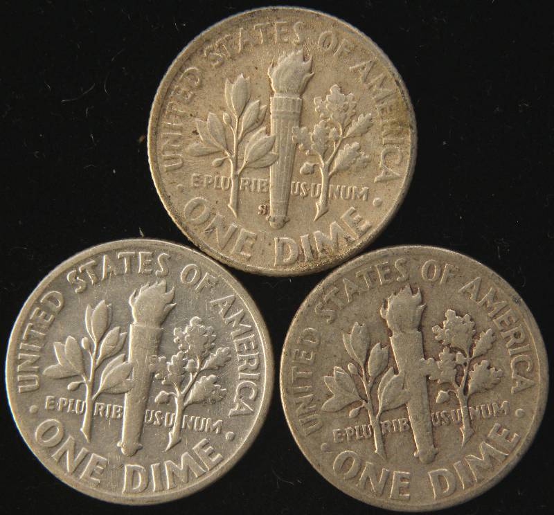 lot 83 image: 3 SILVER DIMES 1947, 1950, 1951-S