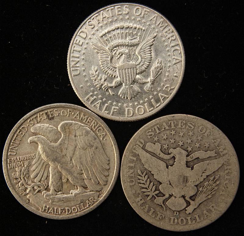 lot 87 image: 3 SILVER HALF DOLLARS 1908-D, 1942-S, 1964-D