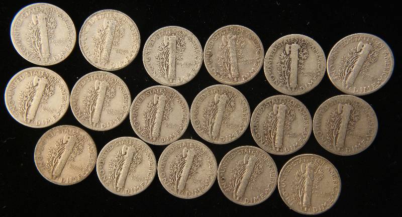 lot 91 image: GROUP OF 17 US MERCURY SILVER DIMES