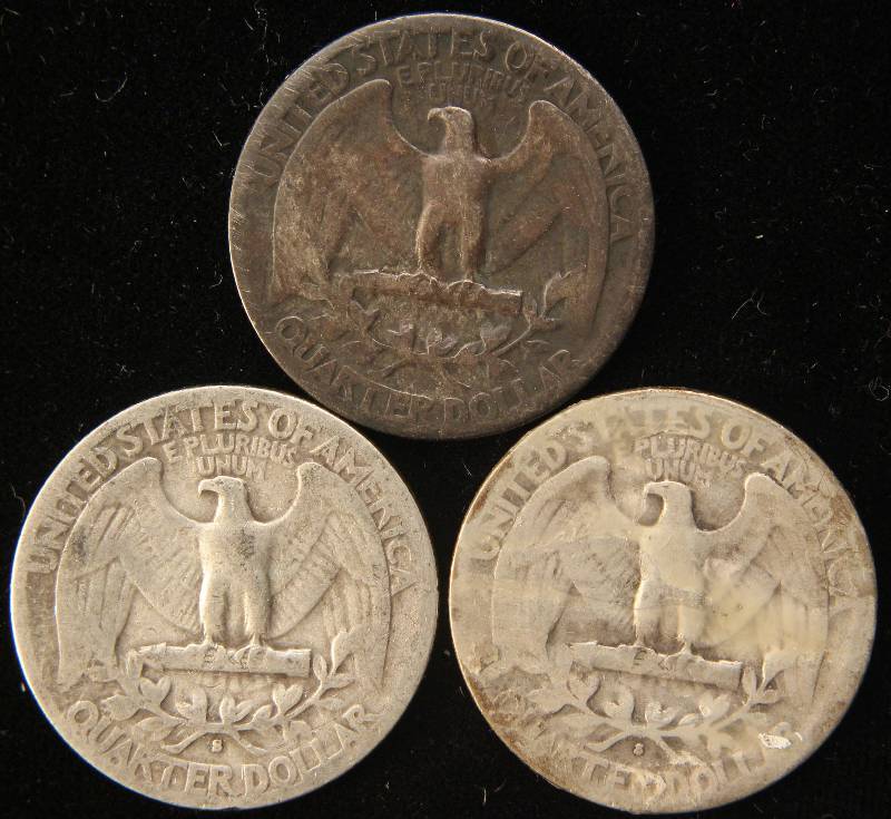 lot 96 image: 3 SILVER QUARTERS 1940-S, 1942-S, 1944