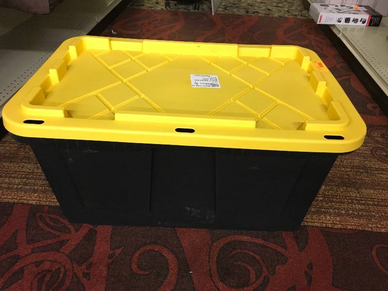 27 Gallon Black Yellow Tote, Retail $8.99