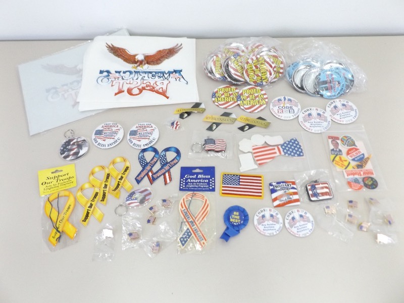 Lot of USA Patriotic Pins, Buttons, Iron Ons, etc.