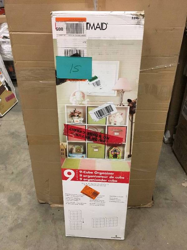 lot 15 image: ClosetMaid 36 in. W x 36 in. H White Stackable 9-Cube Organizer  open box not used