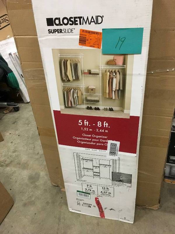 lot 19 image: ClosetMaid SuperSlide 5-ft to 8-ft Closet Organizer Kit  open box not used