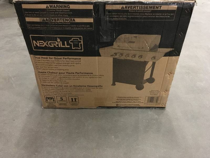 lot 32 image: Nexgrill 5-Burner Propane Gas Grill in Stainless Steel (Silver) with Side Burner and Black Cabinet  open box not used