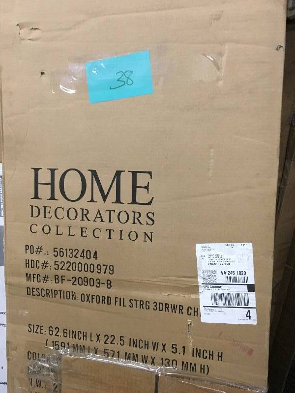 lot 38 image: Home Decorators Collection File Cabinet Home Office 3 Drawer  open box not used