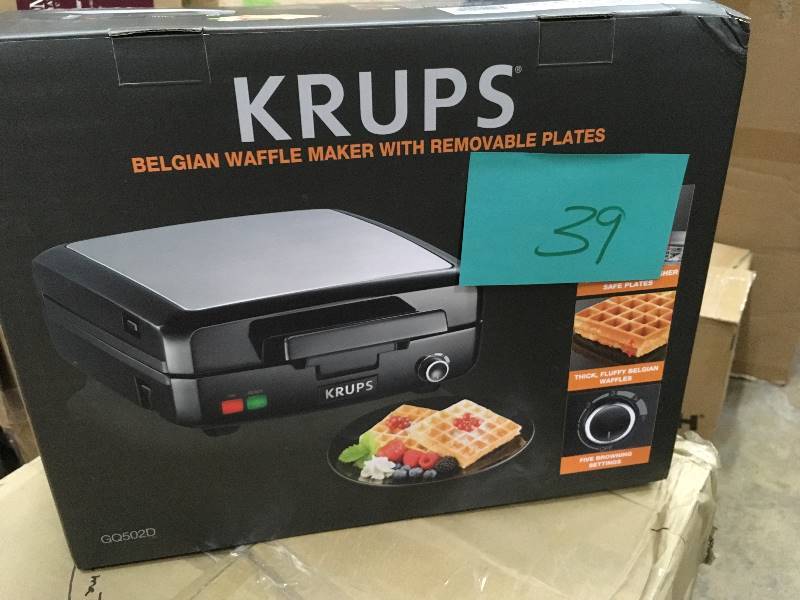 lot 39 image: Krups 4-Slice Belgian Waffle Maker with Removable Plates, Stainless Steel  open box not used
