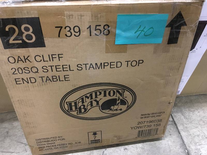 lot 40 image: Hampton Bay Oak Cliff Steel Stamped Top End Table  open box not used