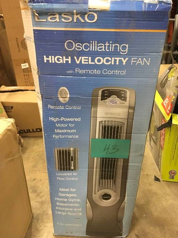 lot 43 image: Lasko Oscillating High Velocity Blower Fan with Remote Control  open box not used