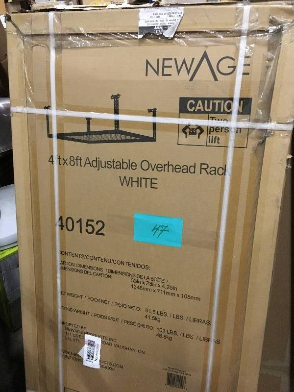 lot 47 image: NewAge Products Adjustable Width Ceiling Storage Rack grey new