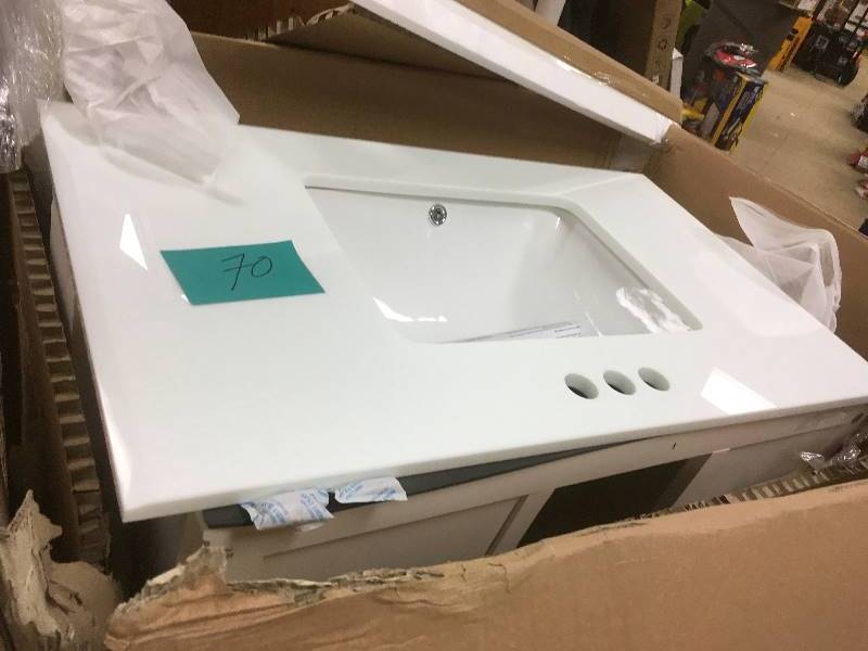 lot 70 image: Simpli Home Chelsea 36 in. Vanity in Soft White with Quartz Marble Vanity Top in White and Under-Mounted Rectangular Sink open box not used