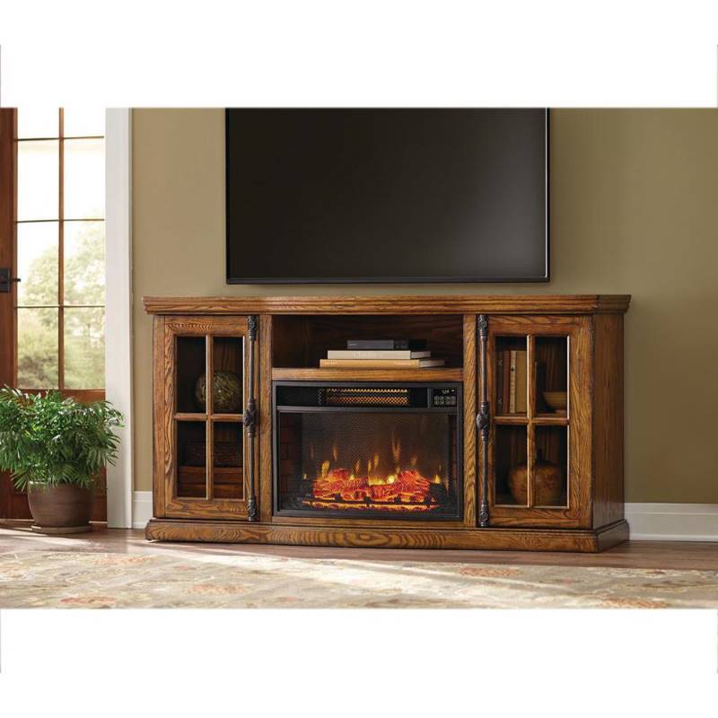 lot 75 image: Home Decorators Collection Manor Place 67 in. TV Stand with Bluetooth Electric Fireplace in Oak, Medium Oak open box not used