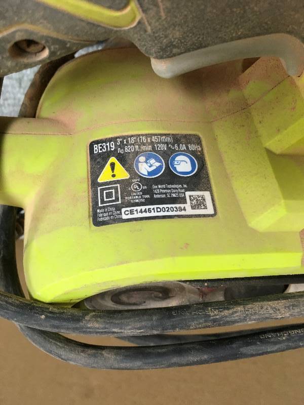 Ryobi 3 in. x 18 in. Portable Belt Sander in working conditions