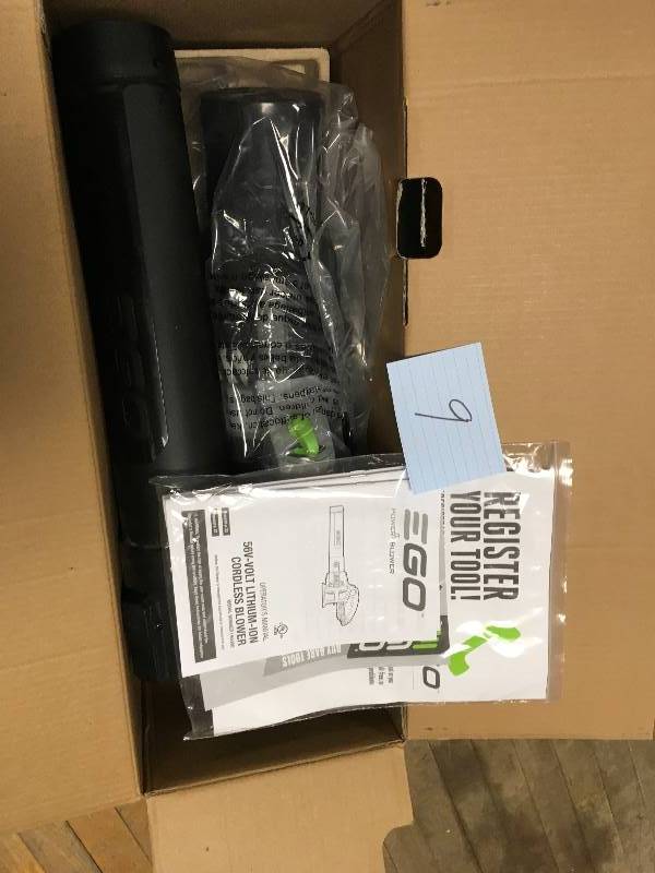 lot 9 image: EGO 110 MPH 530 CFM Variable-Speed Turbo 56 Volt Lithium-Ion Cordless Electric Blower with 2.5Ah Battery and Charger  open box not used