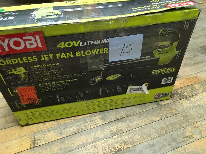 lot 15 image: Ryobi 155 MPH 300 CFM 40 Volt Lithium-Ion Cordless Jet Fan Blower - 2.6 Ah Battery and Charger  open box not used