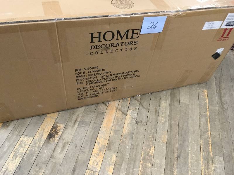 lot 26 image: Home Decorators Collection Royce All In One Mudroom Large Polar White  open box not used