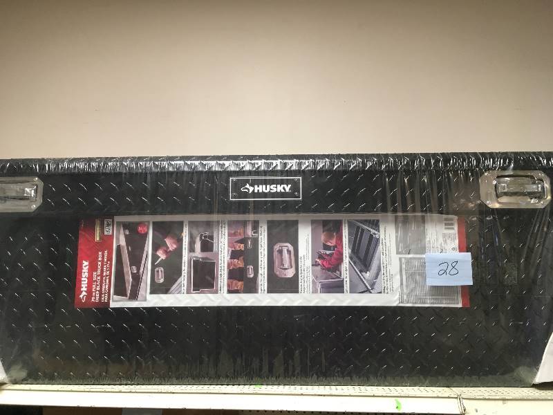 lot 28 image: Husky 70 in. Black Aluminum Polished Deep Side Truck Lock Storage Tool Box not used