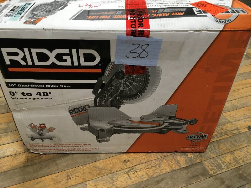 lot 38 image: Ridgid 15 Amp 10 in. Dual Bevel Miter Saw with Laser open box not used
