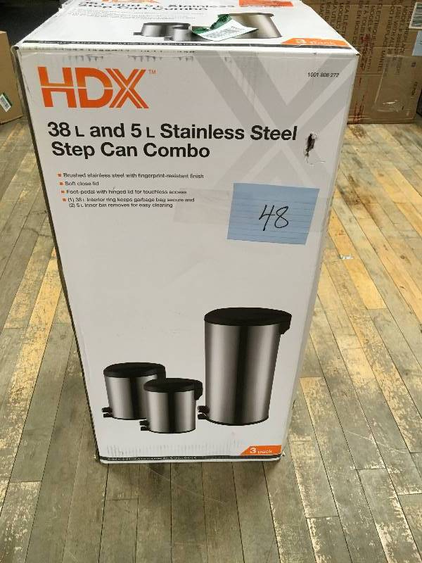 lot 48 image: HDX 38 L and 5 L Stainless Steel Step Can Combo open box not used