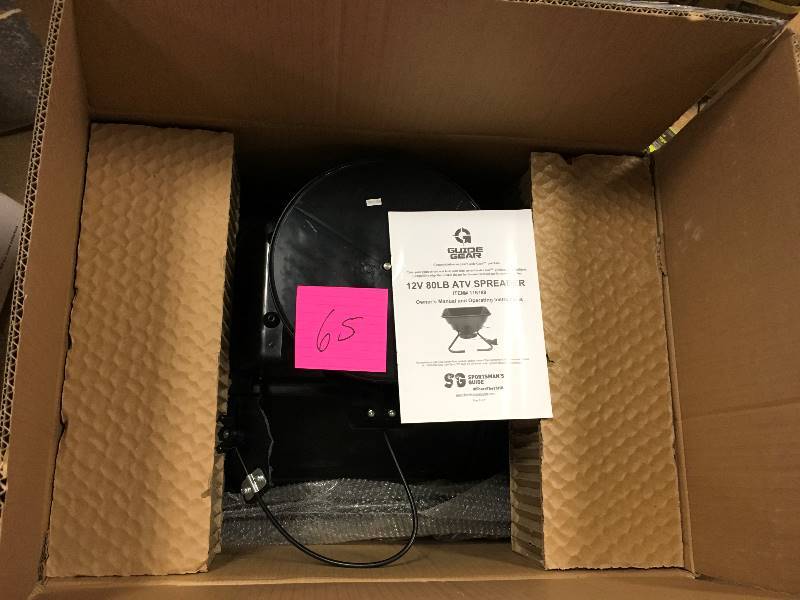 lot 65 image: Guide Gear 12 Vold 80 LB ATV Spreader open box not used