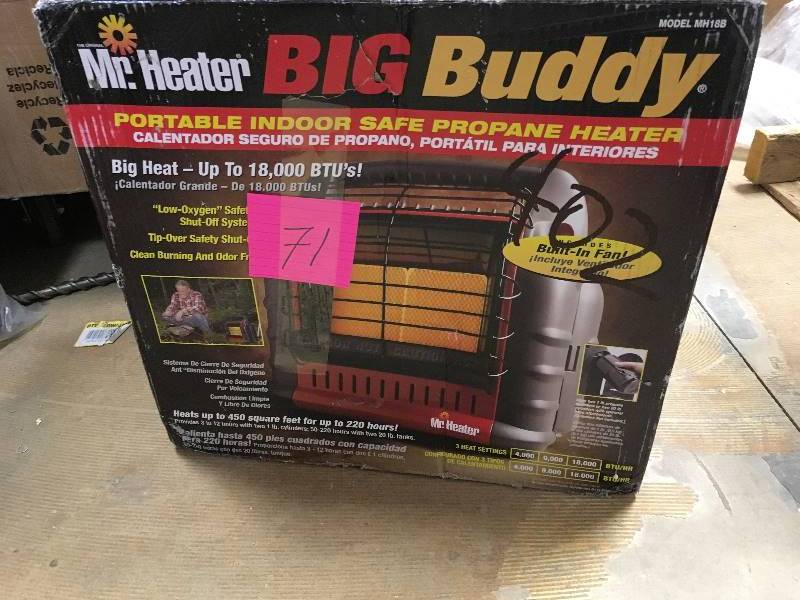 lot 71 image: Mr. Heater Buddy 4-18000 BTU Portable Indoor Safe Propane Heater open box not used