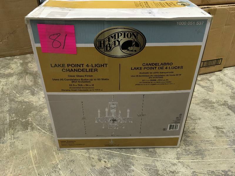lot 81 image: Hampton Bay Lake Point 4-Light Chrome and Clear Crystal Chandelier open box not used