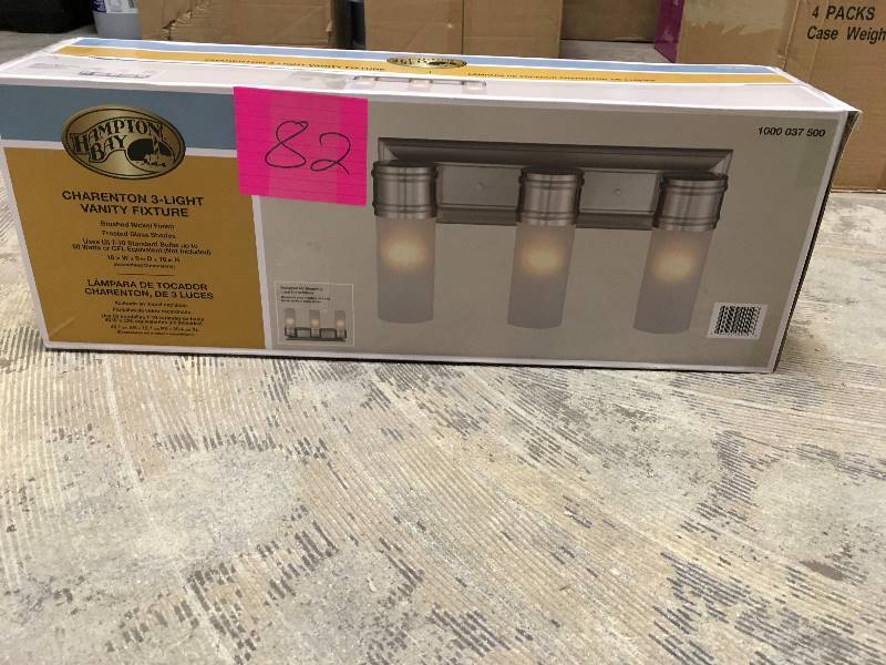 lot 82 image: Hampton Bay 3-Light Brushed Nickel Wall Vanity Fixture open box not used