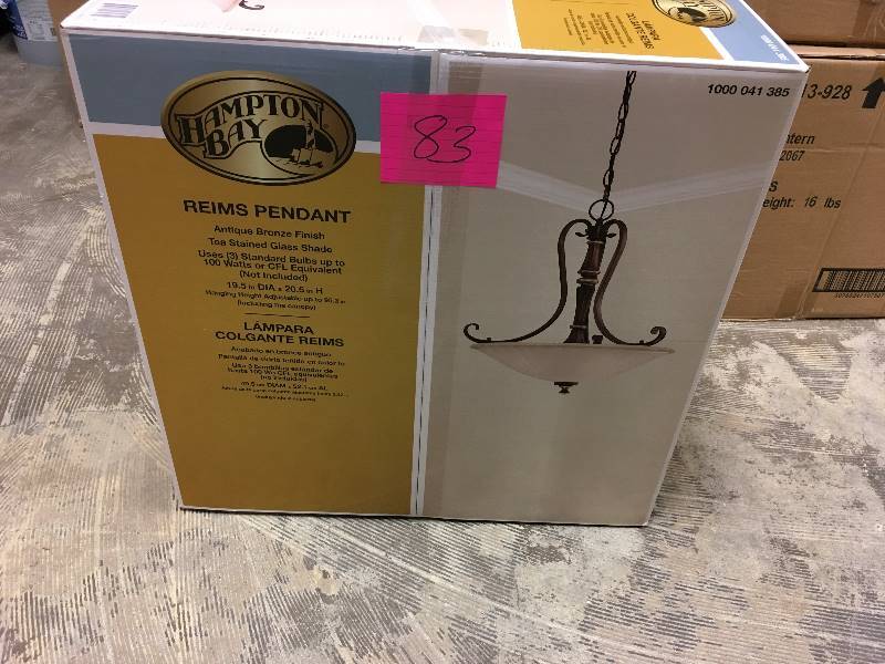 lot 83 image: Hampton Bay Reims Pendant Antique Bronze Finish Tea Stained Glass Shade open box not used
