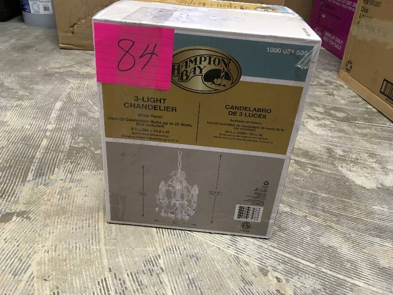 lot 84 image: Hampton Bay 3-Light Chandelier White Finish open box not used