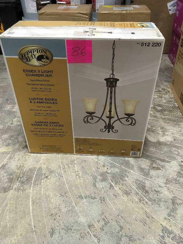 lot 86 image: Hampton Bay Essex 3-Light Aged Black Chandelier with Tea Stained Glass Shades open box not used