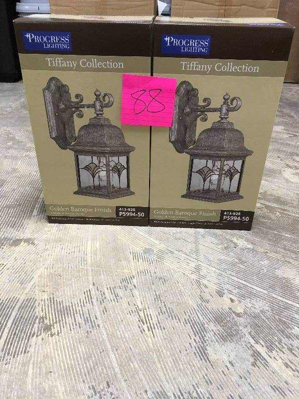 lot 88 image: Progress Lighting Tiffany Collection 1 Light Wall Outdoor Lantern - Lot of 2 open box not used
