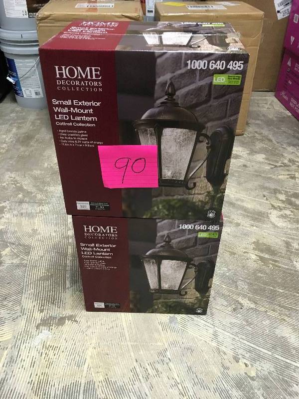 lot 90 image: Home Decorators Collection Aged Bronze Patina Outdoor LED Wall Lantern - Lot of 2 open box not used
