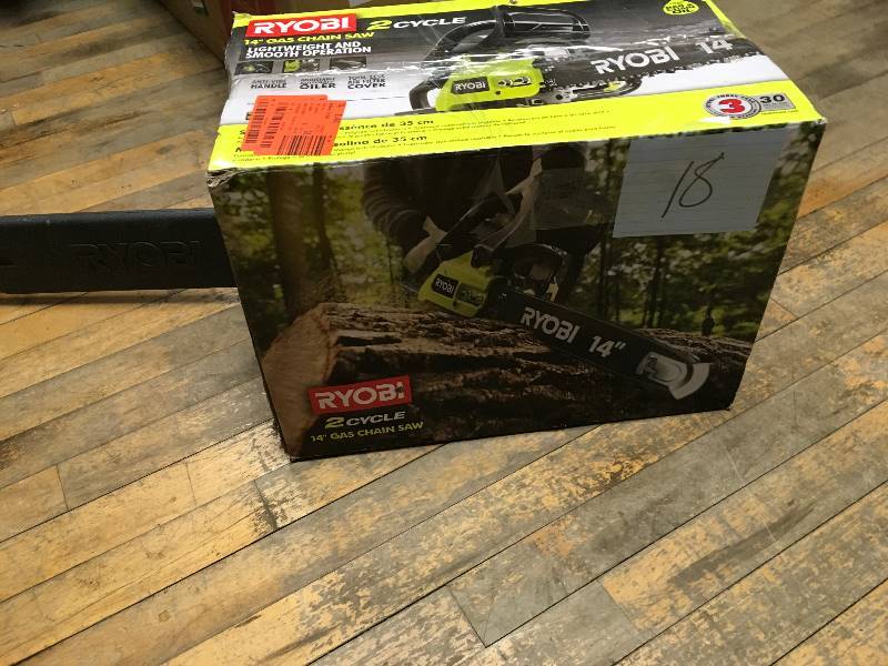 lot 18 image: Ryobi 14 in. 37cc 2-Cycle Gas Chainsaw  open box not used