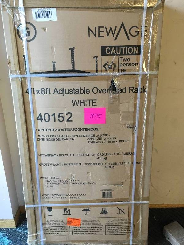 lot 105 image: New Age Performance 96 in. L x 48 in. W x 42 in. H Adjustable VersaRac Ceiling Storage Rack in White  new