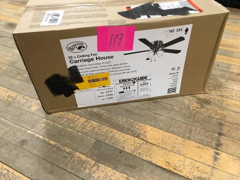 lot 119 image: Hampton Bay Carriage House 52 in. Indoor Iron Ceiling Fan with Light Kit  new