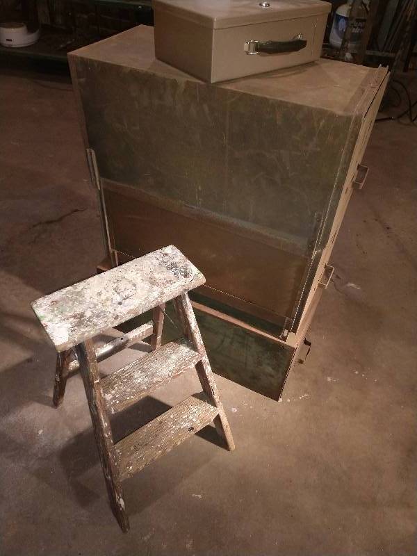 lot 1 image: Old Wood Step Ladder, General Fireproofing Co. Stack On File Cabinets, and Metal Box