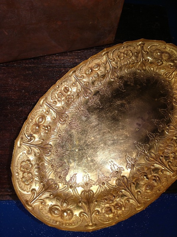 lot 17 image: Copper Bin and Ornate Brass Dish