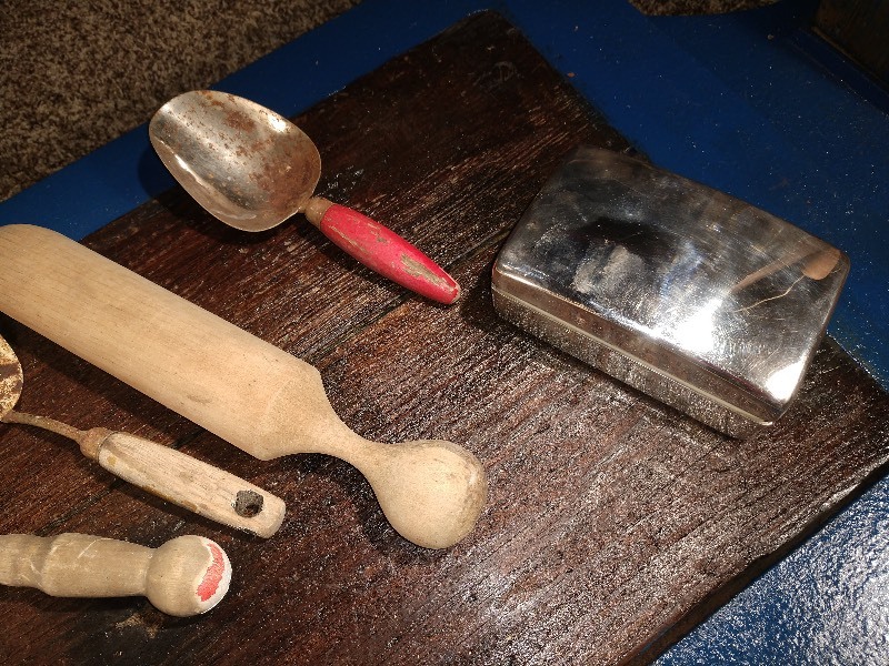 lot 24 image: Primitive Farm Tools and Kitchen Utensils and White Rose Figurine