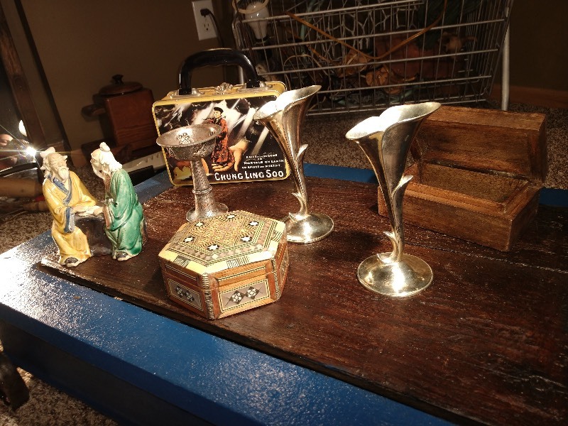 lot 25 image: Chung Ling Too Lunchbox, Brass Candleholders (3) Made In Japan, Asian Figurines, Wood Box, Hexagon Container
