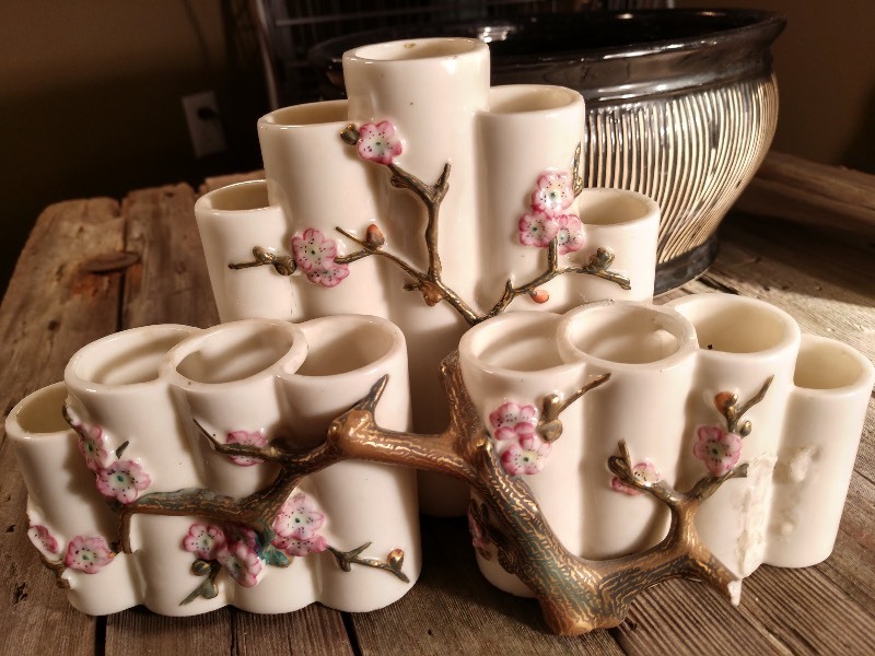 lot 38 image: Japanese Blossoms Candle Holder, Casa Farms Black and White Ceramic Pottery, Floral Pottery