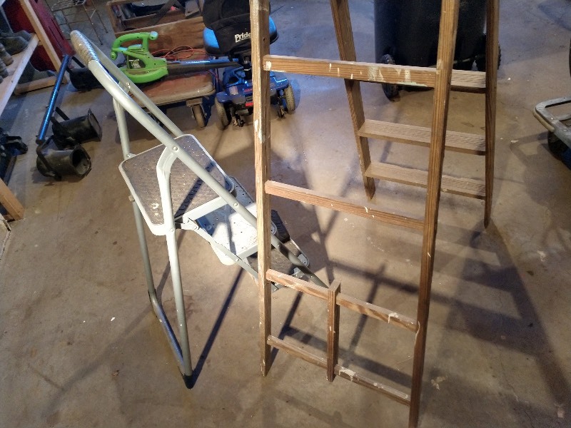 lot 62 image: Wood Ladder and Three Foot Steel Step Ladder 