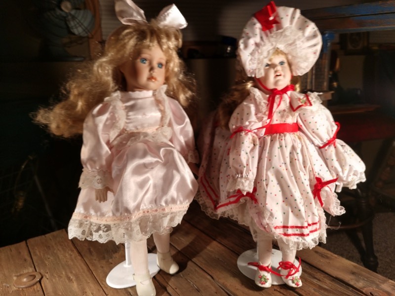 lot 77 image: Doll in Pink Dress, Doll in Polka Dotted White Dress with Red Ribbon
