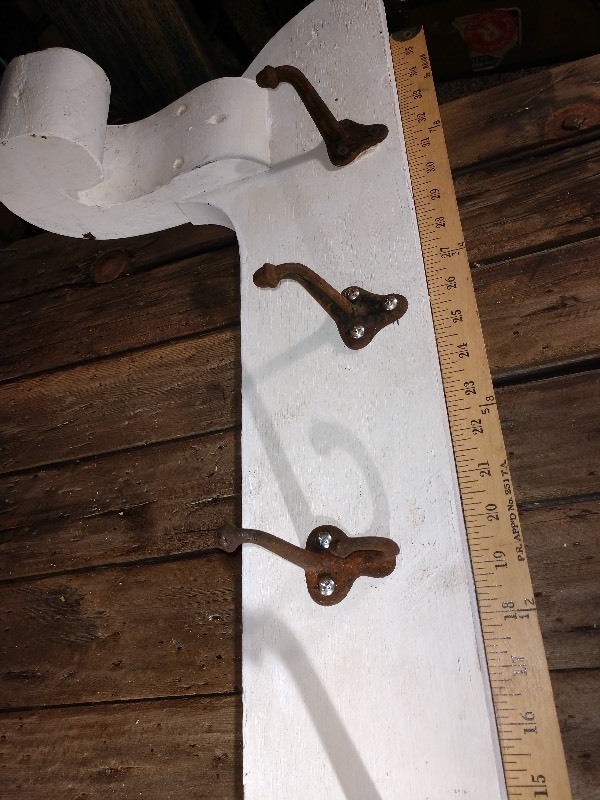 lot 129 image: Wood Coat Rack w Old Cast Iron Hooks