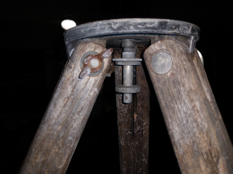 lot 143 image: Primitive Antique Wood Tripod w Aluminum and Brass on Top