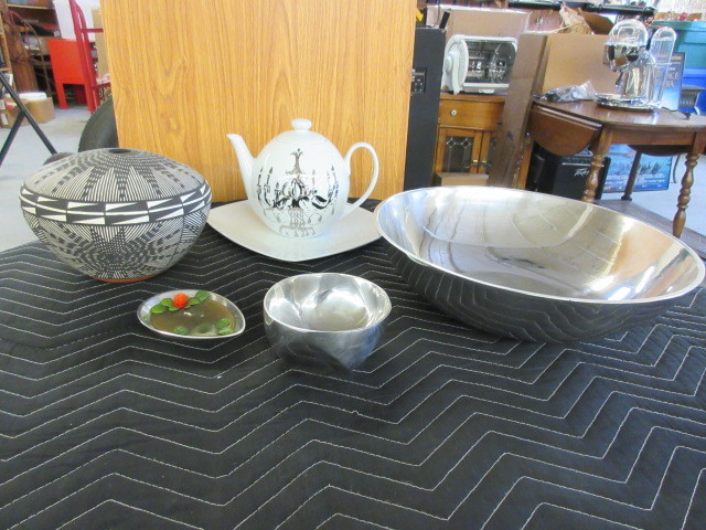 TEAPOT, POLISHED PEWTER, DECORATED TERRACOTTA