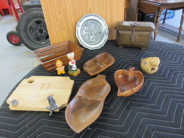 WOODEN CHEST AND HAND CARVED FIGURINES