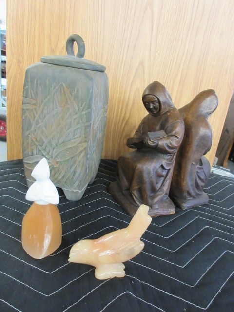 ESCO MONK BOOKENDS, CARVED STONE FIGURINES, VASE