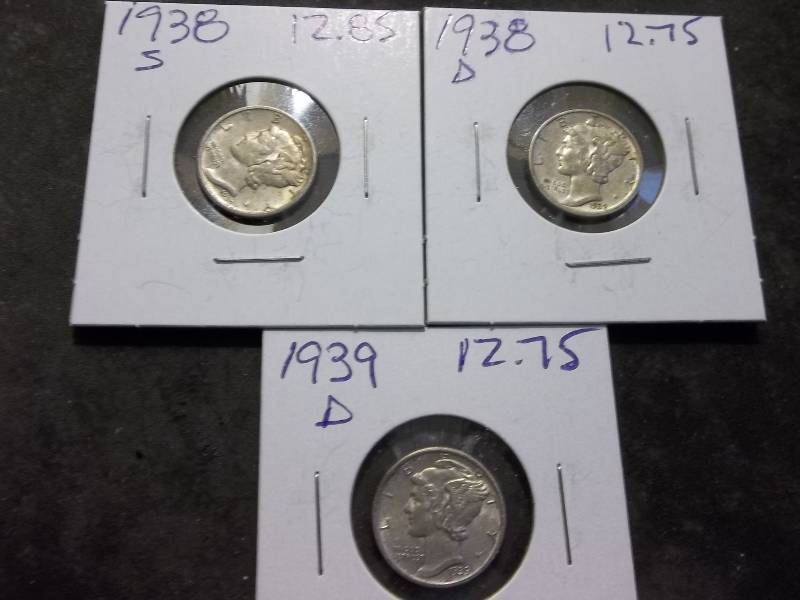 1938 D, 1938 S, 1939 D Mercury Dimes Unc.