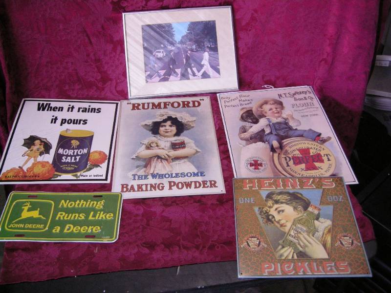 lot 39 image: Vintage Look Tin Signs and Beatles Pic