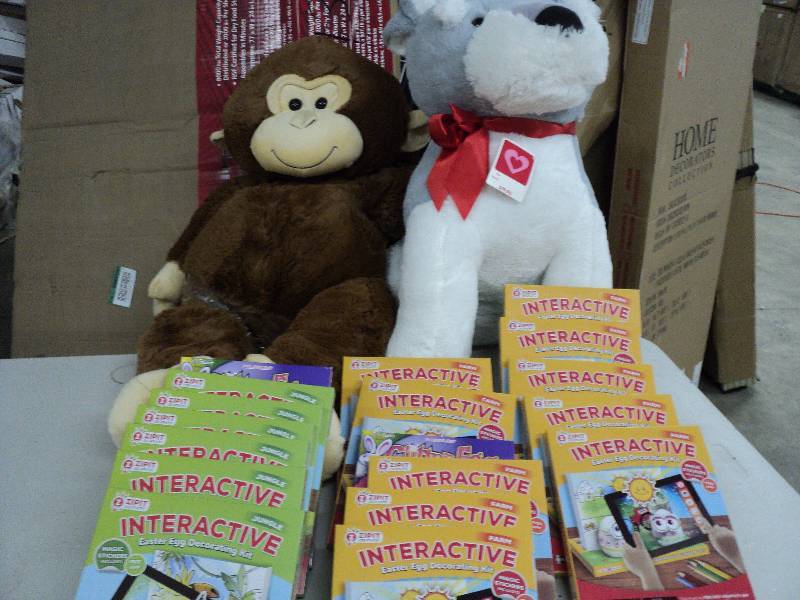 2 stuffed animals and egg decoratin...